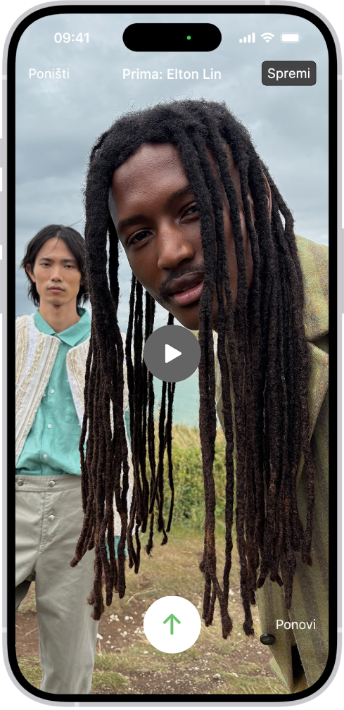 Zaslon za slanje snimljene video poruke osobi koja je propustila poziv. Na vrhu zaslona nalazi se tipka Poništi. Pri vrhu desno nalazi se tipka Spremi koja sprema vašu video poruku u aplikaciju Foto. U sredini zaslona nalazi se tipka Reprodukcija koja vam omogućuje pregled video poruke prije njezinog slanja. Pri dnu se nalaze tipke Pošalji i Ponovi.