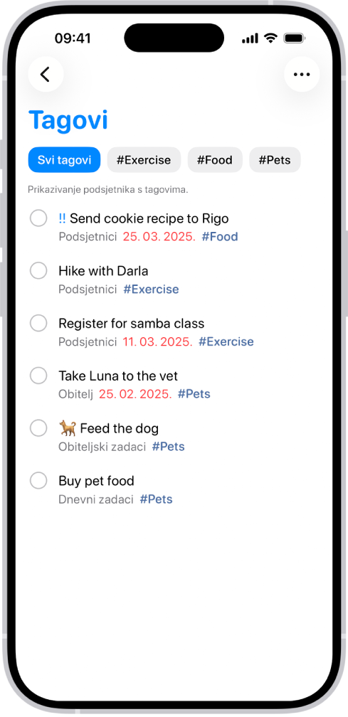 Popis označenih podsjetnika u aplikaciji Podsjetnici. Tipke na vrhu prikazuju dodatne tagove koje možete primijeniti.