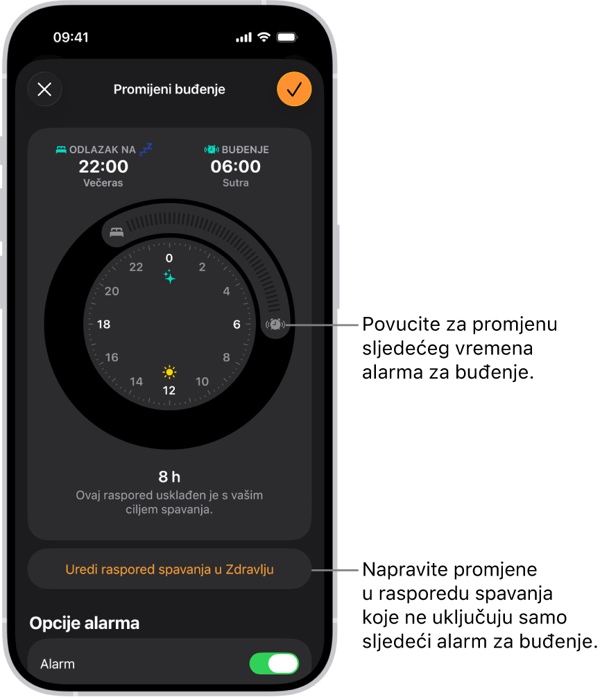Zaslon za promjenu sljedećeg alarma buđenja. Položaj tipke melodije zvona postavlja vrijeme alarma.