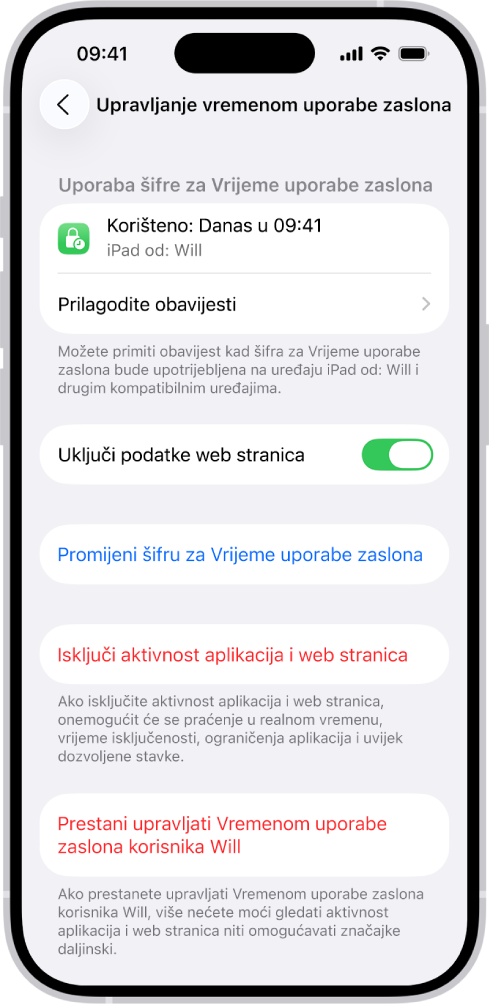Zaslon Upravljanje vremenom uporabe zaslona za dijete u obitelji. Vrh zaslona prikazuje posljednje vrijeme kad je šifra upotrijebljena i na kojem uređaju.