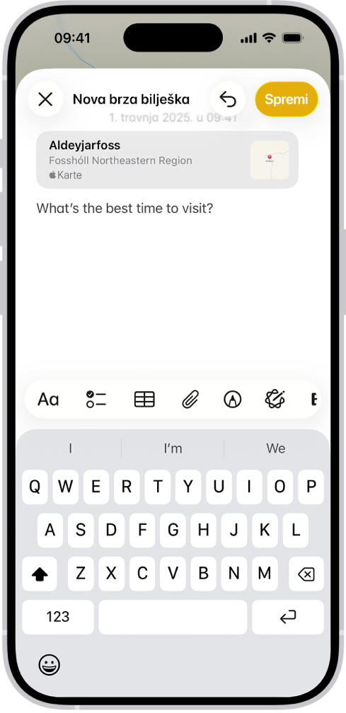 Brza bilješka u nadsloju prozora iznad karte Islanda. Bilješka sadrži link na kartu, fotografiju i tekst.