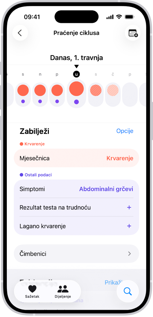 Zaslon Praćenje ciklusa koji prikazuje vremensku liniju za tjedan dana na vrhu zaslona. Puni crveni krugovi i ljubičaste točkice označavaju prvih 5 dana u vremenskoj liniji. Ispod vremenske linije nalaze se opcije za dodavanje informacija o mjesečnici, simptomima i ostalom.