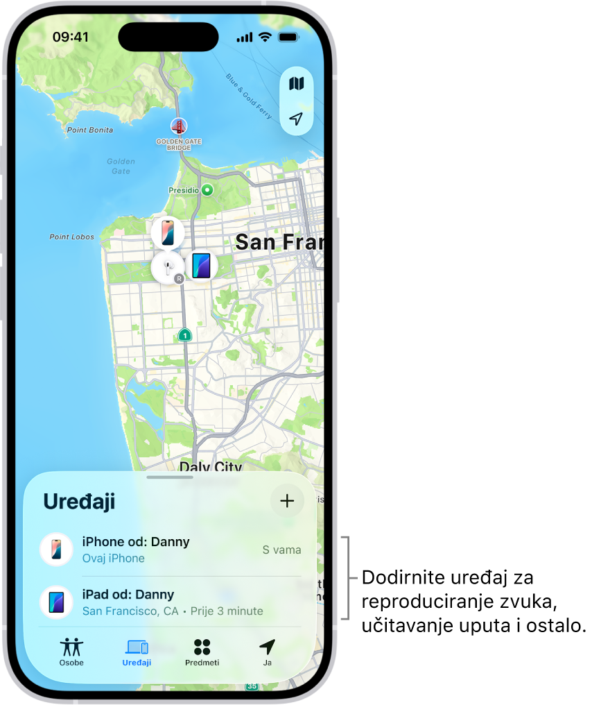 Zaslon Pronalaženje otvoren na popisu Uređaji. Dva su uređaja na popisu Uređaji: Danijelov iPhone i Danijelov iPad. Njihove lokacije prikazane su na karti.