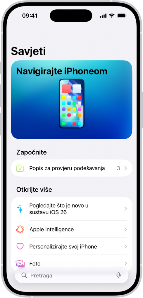 Zaslon na kojem je prikazana kolekcija savjeta sa strelicama koje ukazuju na to da možete dodirnuti kolekciju za prikaz savjeta koje sadrži.