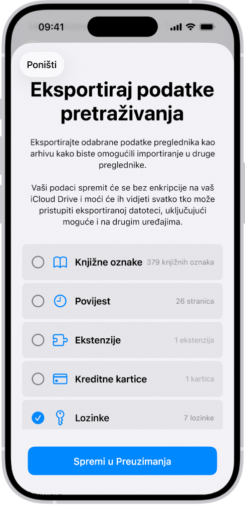 Zaslon Eksportiraj podatke za pretraživanje, s opcijom Lozinke odabranom za eksportiranje u drugi upravitelj lozinki.