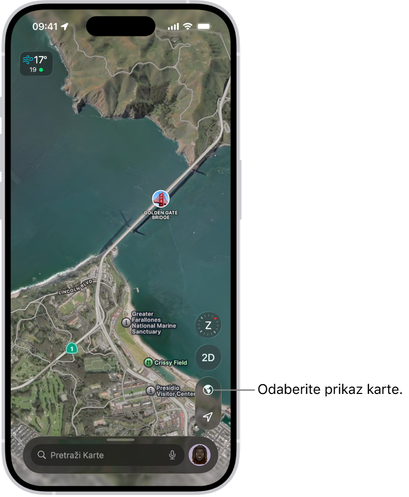 3D karta ulice i parka s prikazom drveća, mjesta interesa i lokacije kao što su toaleti.