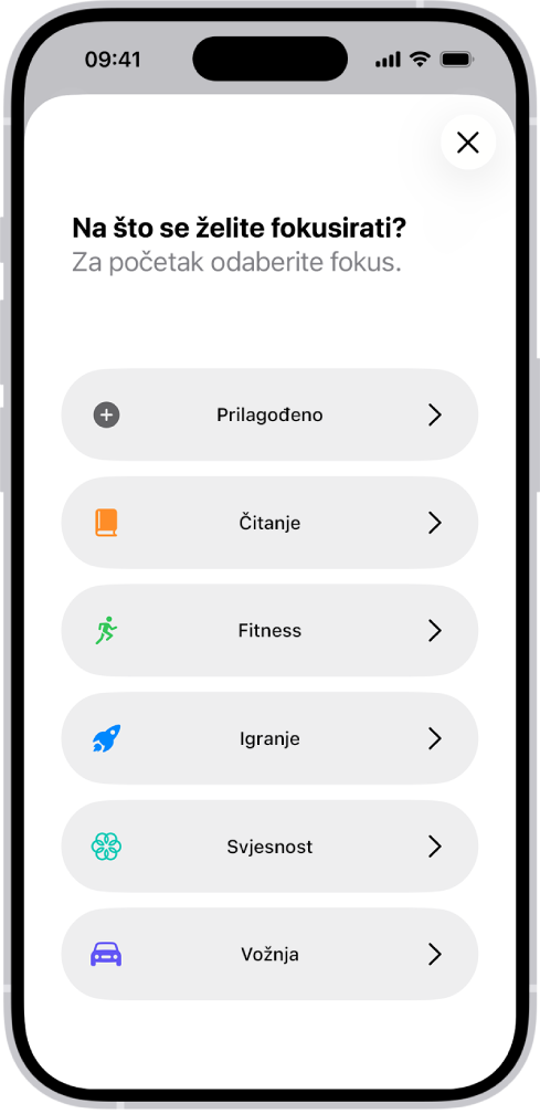 Zaslon za podešavanje fokusa za dodatne ponuđene opcije fokusa, uključujući Prilagodi, Vožnja, Fitness, Igranje, Svjesnost i Čitanje.