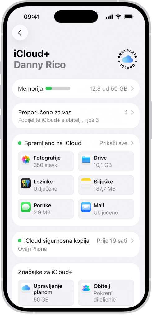 Zaslon s postavkama iClouda prikazuje mjerenje iCloud memorije i popis aplikacija i značajki.