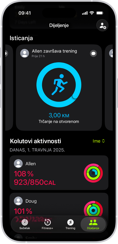 Zaslon Dijeljenje u aplikaciji Fitness, s kolutovima aktivnosti i istaknutim aktivnostima koje dijele osoba i njezini prijatelji.
