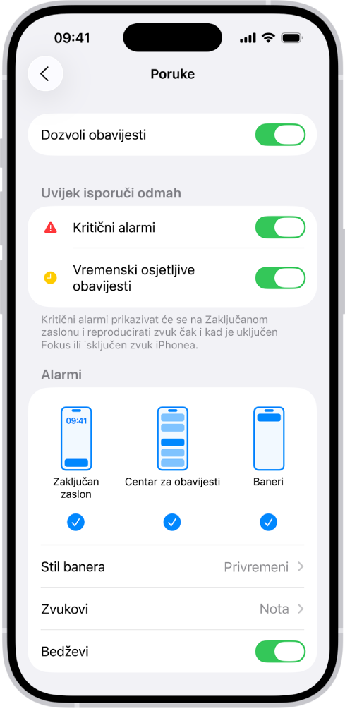 Postavke obavijesti aplikacije Poruke u Postavkama.