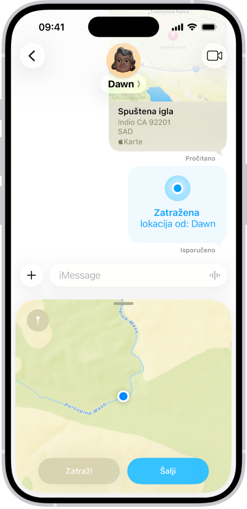 Razgovor aplikacije Poruke s ispuštenom iglom, zahtjevom za lokaciju i lokacijom koja se upravo šalje.