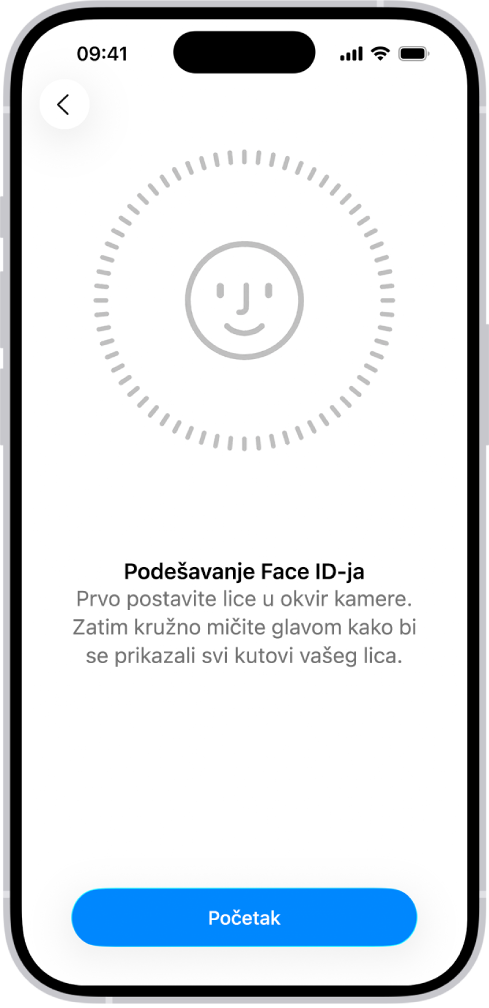 Zaslon za podešavanja prepoznavanja Face ID-ja. Na zaslonu se prikazuje lice, uokvireno krugom. Tekst ispod lica upućuje korisnika da polako pomiče glavu kako bi se krug zatvorio.