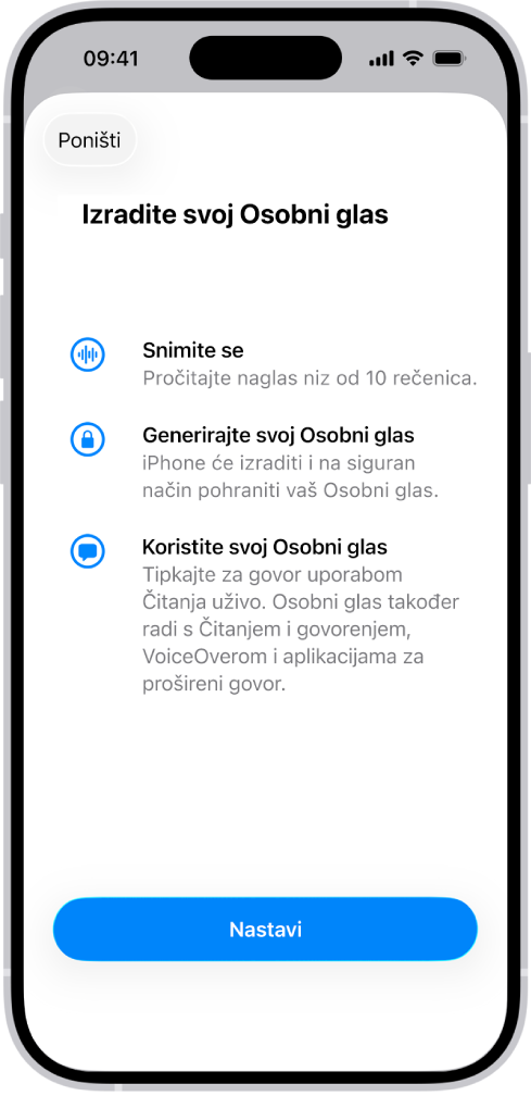 iPhone s informacijama o načinu izrade Osobnog glasa.