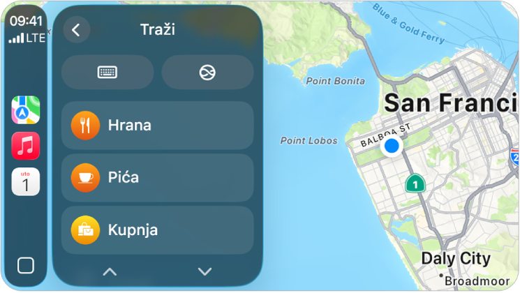 Zaslon CarPlaya prikazuje kartu San Francisca. S desne strane nalaze se tipke lokacija, 3D, prijava opasnosti i zumiranje. Pri dnu se nalaze tipke Pretraži i Odredište.