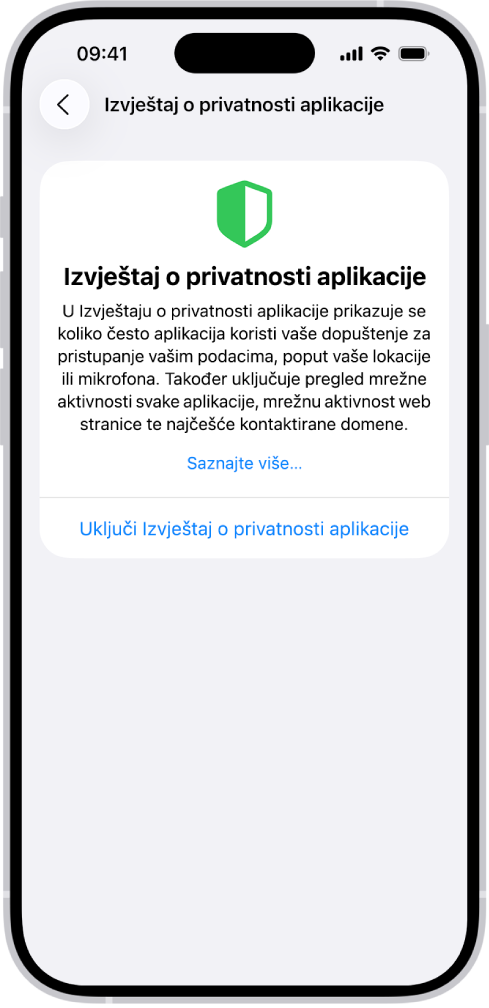 Izvještaj o privatnosti aplikacije s prikazom informacija o aplikacijama za kategoriju Pristup podacima i senzorima i informacija o aplikacijama za kategoriju Mrežna aktivnost aplikacije.