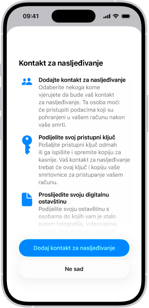 Zaslon Dodaj kontakt za oporavak koji prikazuje predložene kontakte kako biste ih odabrali kao kontakt za oporavak te mogućnost odabira nekog drugog.