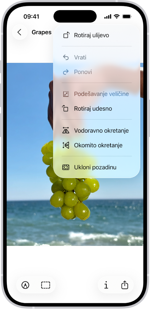 Zaslon prikazuje sliku s grožđem u prednjem planu. Izbornik pokazuje opciju Ukloni pozadinu. Pri dnu zaslona nalaze se tipke Obilježi, Izreži, Info i Dijeli.