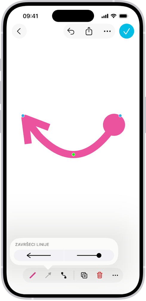 Linija za povezivanje: na ploči aplikacije Freeform, s plavim i zelenim točkama za promjenu oblika i luka.