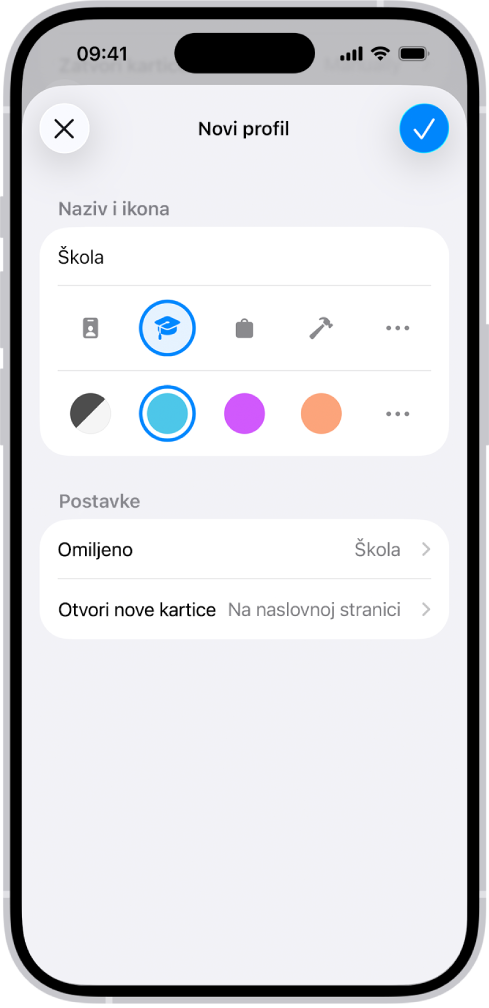 Zaslon iPhonea s prikazom podešenja za novi profil. Opcije uključuju ikonu, boju, mapu knjižnih oznaka i stranicu na koju želite da se nove kartice otvaraju.