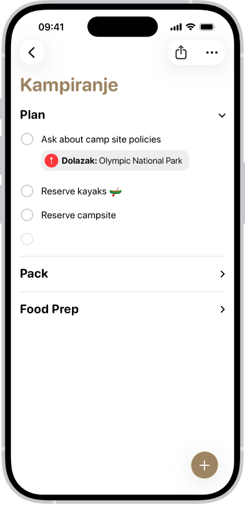 Aplikacija Podsjetnici prikazuje popis s jednim odjeljkom proširenim, a drugim odjeljcima sažetima.