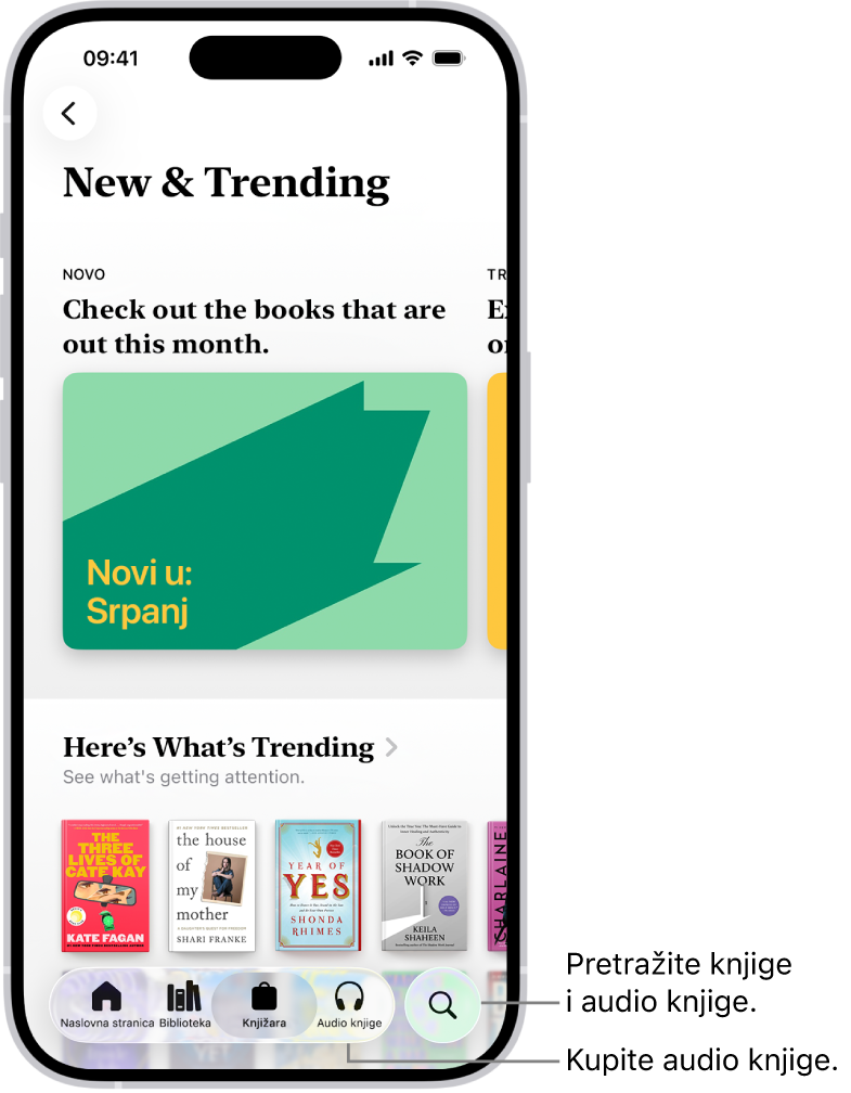 Zaslon trgovine Book Store u aplikaciji Knjige. Pri dnu zaslona, slijeva nadesno nalaze se kartice Početna stranica, Biblioteka, Book Store, Audio knjige i Traži. Odabrana je kartica Book Store.