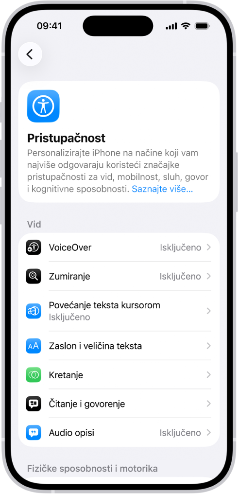 Zaslon Pristupačnost u Postavkama prikazuje ugrađene značajke za podršku Vidu.