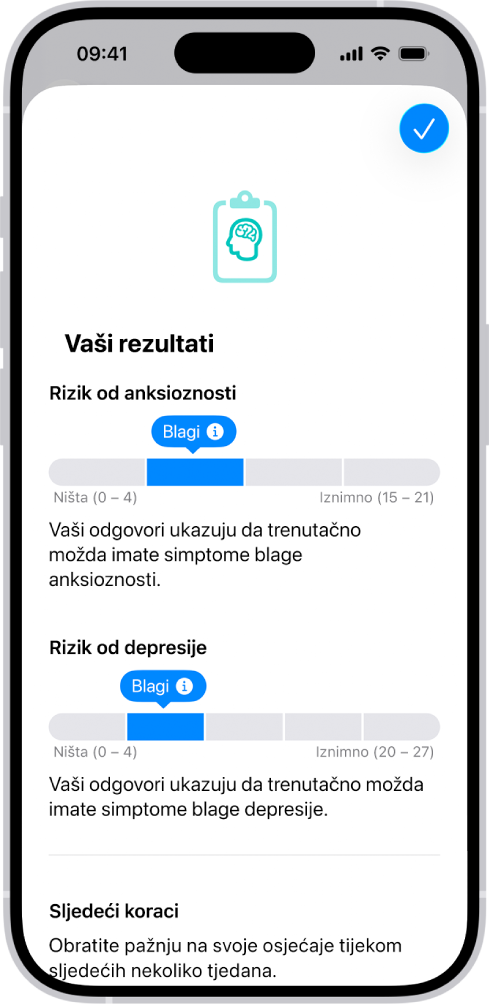 Na zaslonu aplikacije Zdravlje prikazuju se rezultati upitnika o mentalnom zdravlju.