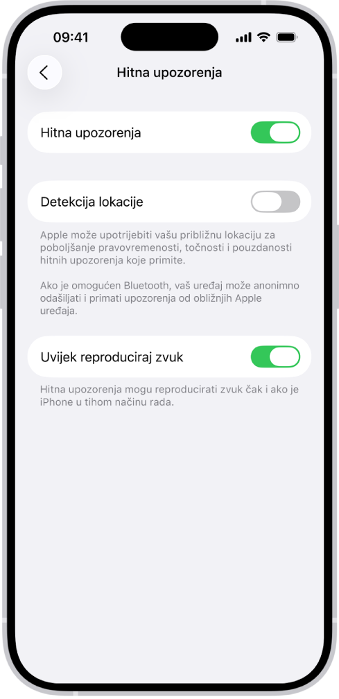 Zaslon Hitni alarmi, s uključenim opcijama Hitni alarmi, Detekcija lokacije i Uvijek reproduciraj zvuk.