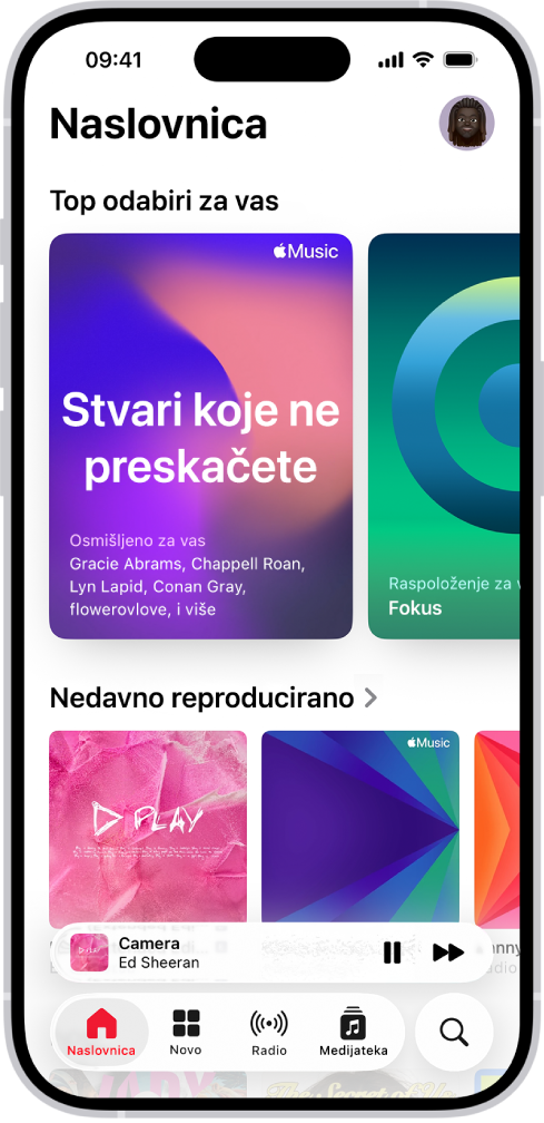 Kartica Naslovna stranica u aplikaciji Glazba prikazuje Top odabire na vrhu. Možete povući ulijevo ili udesno za prikaz više glazbe odabrane za vas. Nedavno reproducirano pojavljuje se ispod.