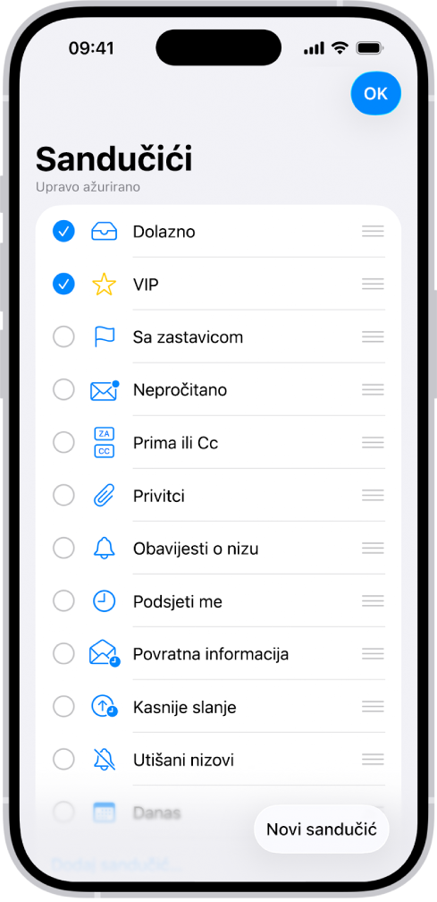 Zaslon za uređivanje sandučića. Opcionalni sandučići navedeni su od vrha do dna s potvrdnom kućicom s lijeve strane svake opcije. U donjem desnom kutu zaslona nalazi se tipka s oznakom Novi sandučić.