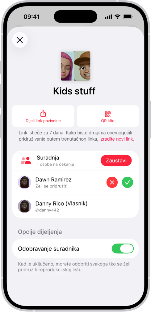 Zaslon Upravljaj suradnjom u aplikaciji Glazba.