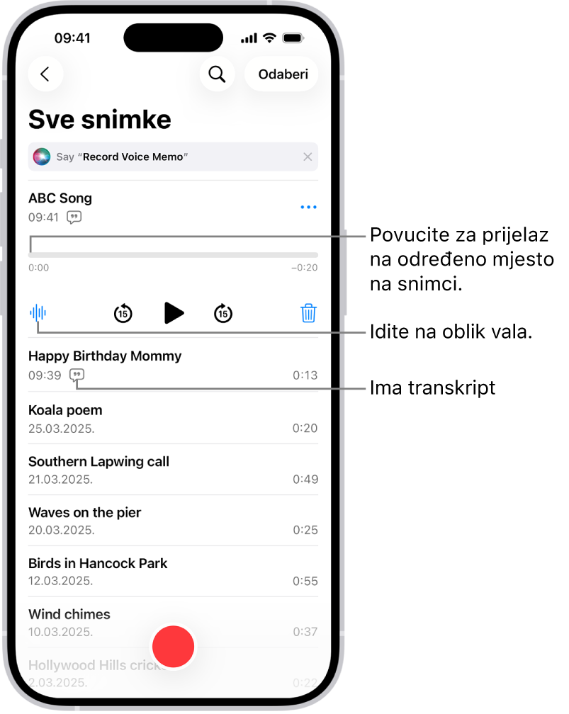 Zaslon s popisom Diktafona s odabranom snimkom na vrhu. Vremenska linija snimke ima kliznik reprodukcije koji možete povući do određenog mjesta u snimci. Kontrole reprodukcije nalaze se ispod vremenske linije.