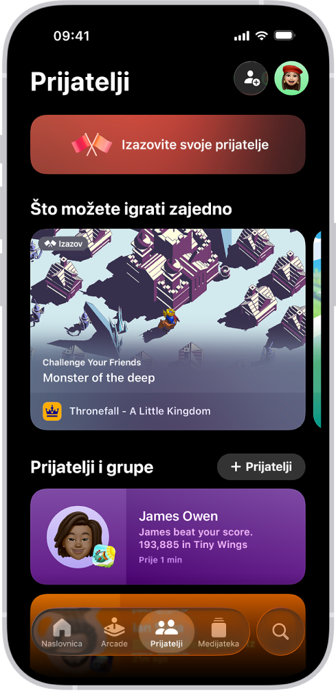 Aplikacija Apple Games prikazuje karticu Prijatelji s opcijama za slanje izazova prijateljima, prijedloge igara koje možete igrati zajedno i nedavnu aktivnost prijatelja.