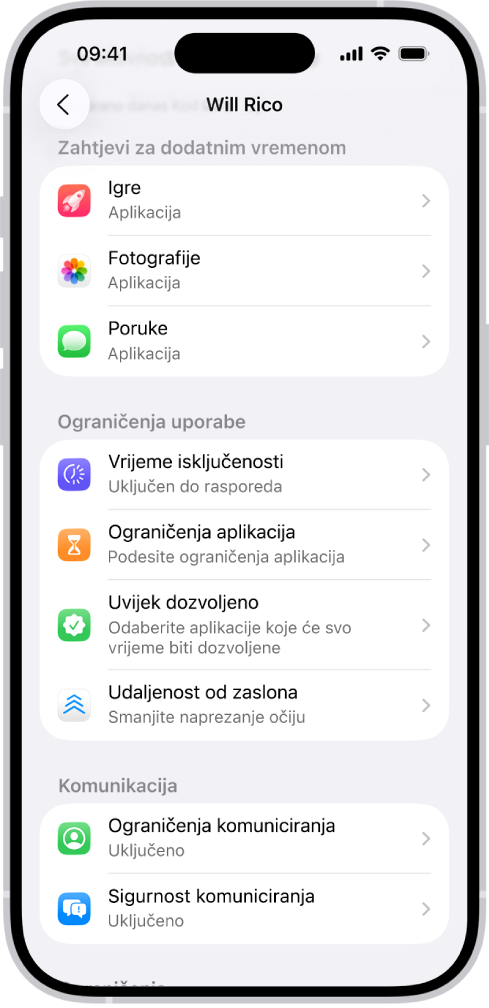 Zaslon za dijete u grupi Dijeljenja s obitelji s prikazom odjeljka Zahtjeva s traženjem više vremena.