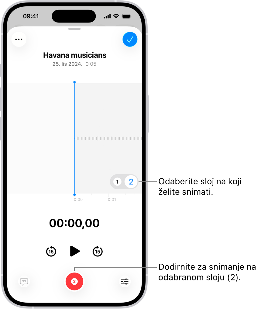 Zaslon za snimanje drugog sloja u Diktafonu.