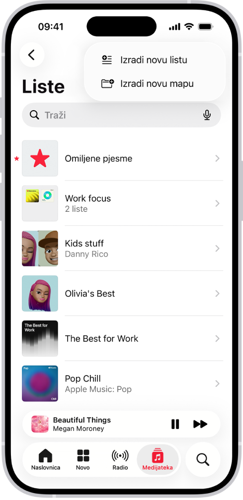 Kartica Medijateka prikazuje popis reprodukcijskih lista. Pri vrhu se nalaze tipke za izradu nove reprodukcijske liste ili izradu nove mape.