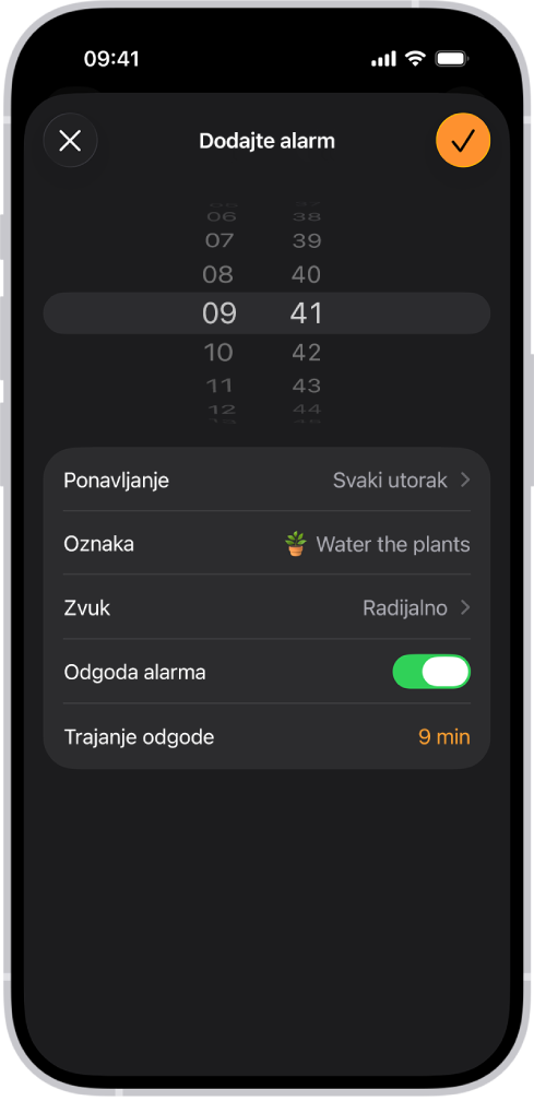 Zaslon za promjenu alarma s postavkama za promjenu vremena alarma, odabir hoće li se alarm ponavljati, dodavanje oznake alarma, odabir zvuka alarma, uključivanje odgode i promjenu trajanja odgode.