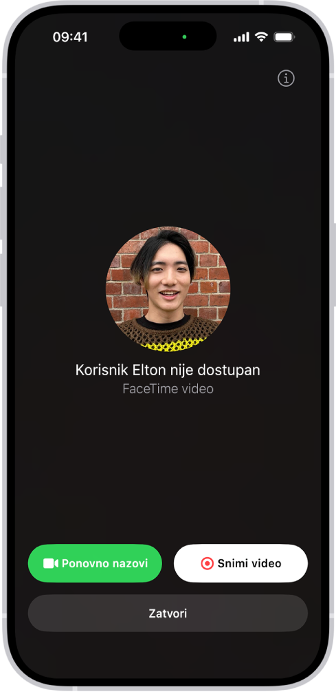 Zaslon za snimanje video poruke kada je osoba koju zovete nedostupna. Uključuje tipku Zovi ponovni i tipku Snimi video koju možete dodirnuti za snimanje video poruke.