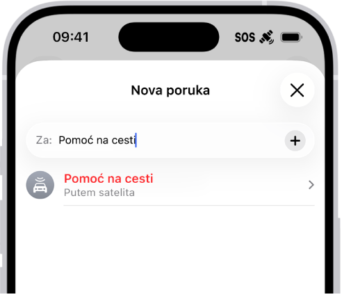 Nova poruka s adresnim poljem “pomoć na cesti”. Ispod je link za pomoć na cesti putem satelita.
