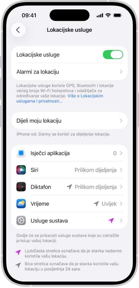 Zaslon Lokacijske usluge, s postavkama za dijeljenje lokacije vašeg iPhonea s aplikacijama