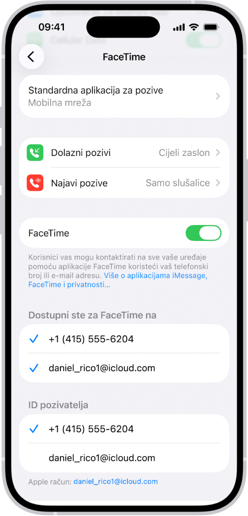 Zaslon FaceTime postavki s prikazom opcije Standardna aplikacija za pozive, kontrole za uključivanje ili isključivanje FaceTimea te telefonskog broja i e-mail adrese na kojima ste dostupni.