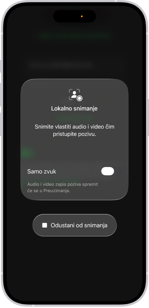 Zaslon za pokretanje Lokalnog audio i vizualnog snimanja vaše strane videokonferencije.