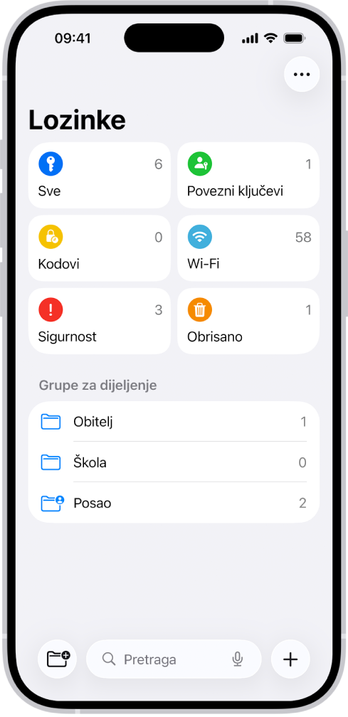 Početni zaslon aplikacije Lozinke s tipkama za Sve, Povezne ključeve, Verifikacijske kodove, Wi-Fi, Sigurnost i Obrisano te popisom Dijeljenih grupa.