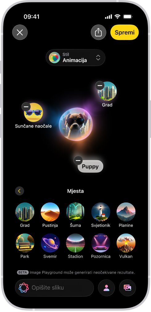 Prozor aplikacije Image Playground prikazuje izrađenu sliku psa koji nosi sunčane naočale.