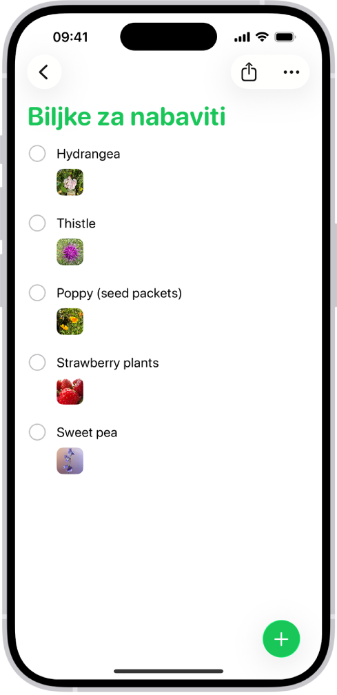 Aplikacija Podsjetnici prikazuje popis fotografija u svakom podsjetniku.
