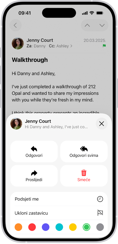 Poruka s prikazom opcija odgovora pri dnu polovine zaslona, uključujući tipku Ukloni zastavicu.