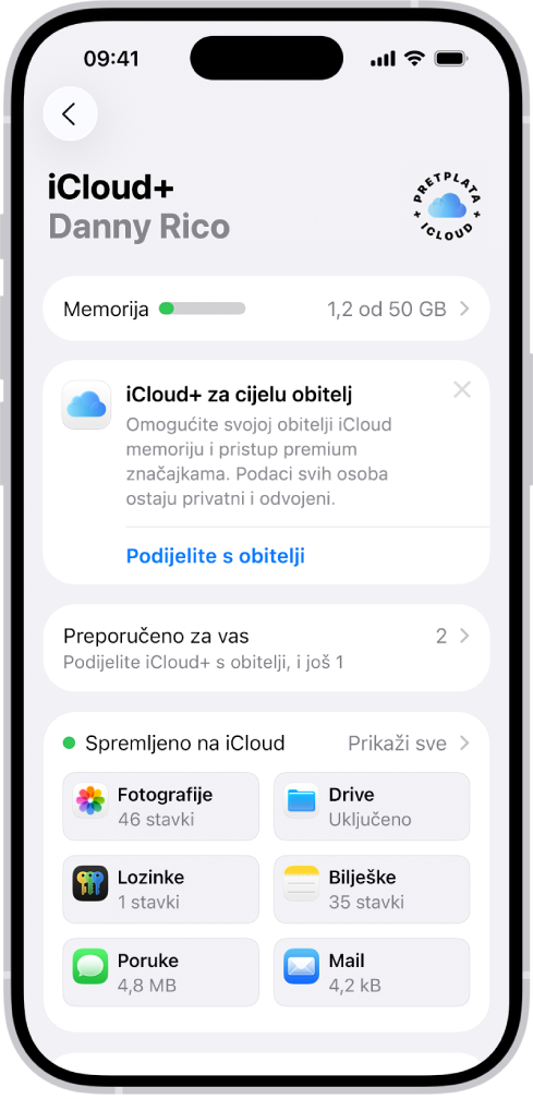 Na zaslonu postavki za iCloud prikazuje se mjerač kapaciteta iClouda i popis značajki, uključujući Foto, iCloud Drive i iCloud sigurnosnu kopiju, koji se mogu upotrebljavati uz iCloud.