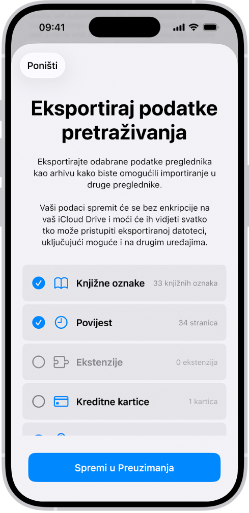 Zaslon Eksportiraj podatke za pretraživanje prikazuje podatke koje možete eksportirati iz aplikacije Safari u drugi preglednik.