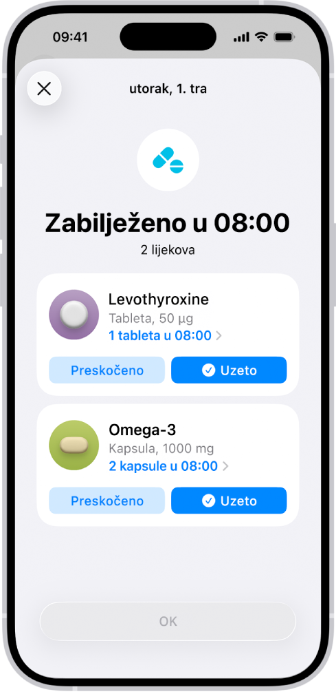 Zaslon Lijekovi u aplikaciji Zdravlje prikazuje zabilježene lijekove.
