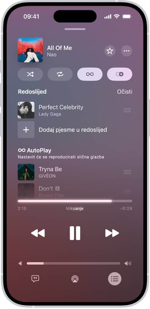 Zaslon Trenutačna reprodukcija prikazuje redoslijed s uključenom Auto reprodukcijskom i AutoMixom. Slične pjesme pojavljuju se ispod pjesama u redoslijedu.